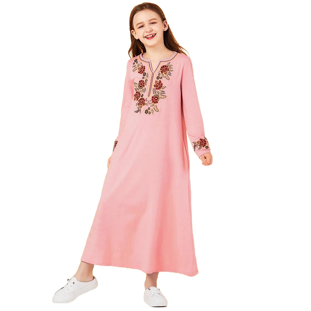 Мусульманские детские для девочек Abaya Исламская искусственная вышивка кафтан
