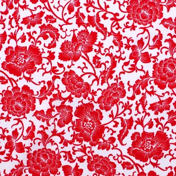 

1 yard Cotton Poplin Fabric for sewing pathwork, dress, cloth, bedding - Red flower printed on white background (width=140cm)