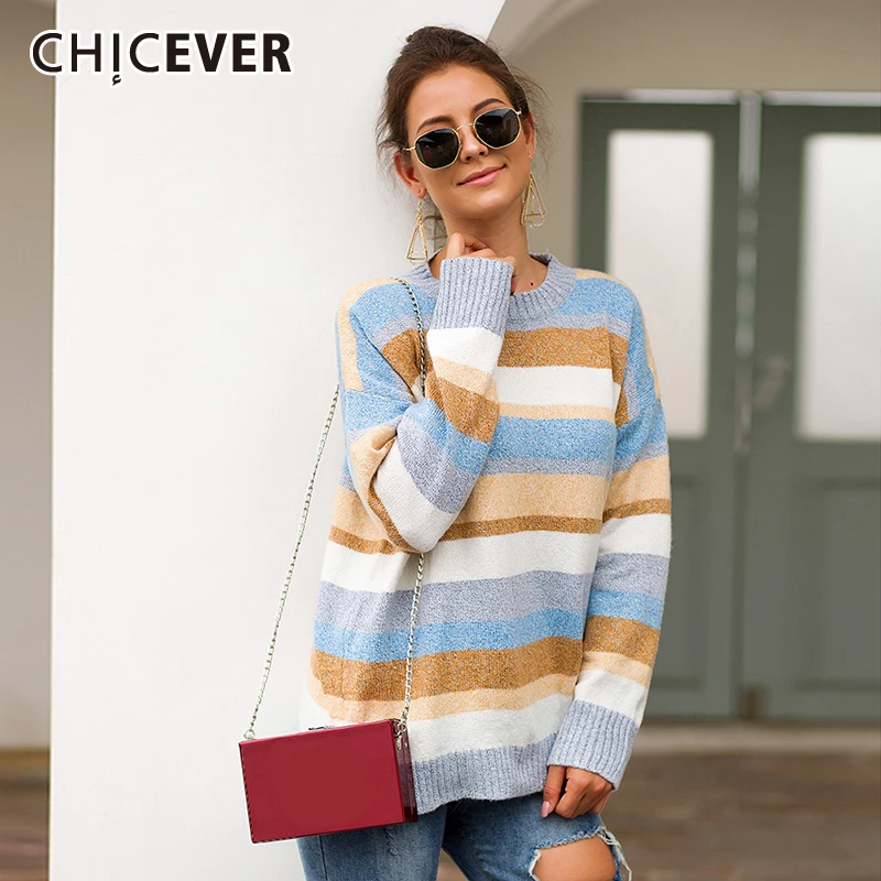 

CHICEVER Striped Hit Color Women Sweaters O Neck Long Sleeve Loose Pullover Knitting Sweater Female 2019 Autumn Fashion New