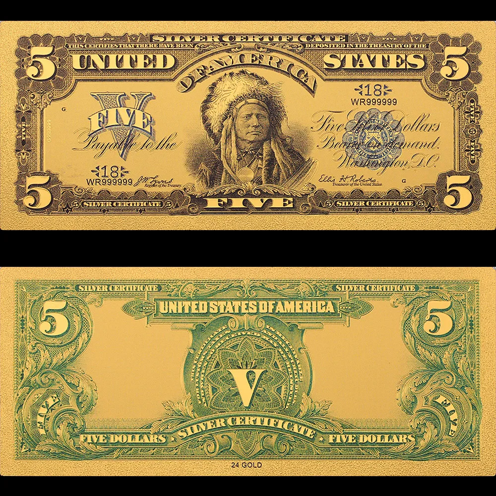 1899 год США золотые банкноты 24k 5 долларов красочные с покрытием поддельные деньги