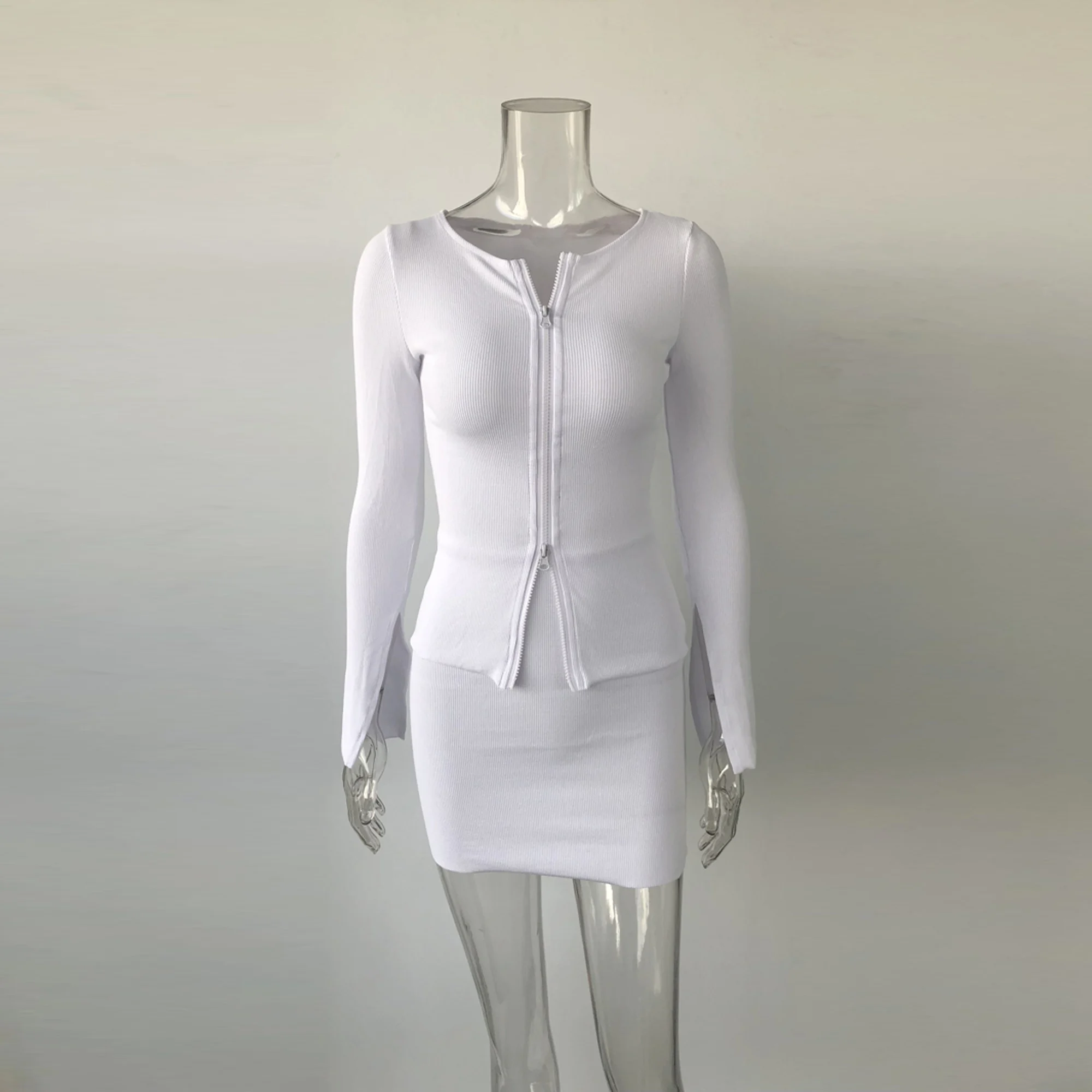 XLLAIS хлопок ребристый белый из двух частей наряды для женщин двойной молнии пальто из мягкой ткани и юбки карандаш подходящие 2 комплекта хорошее качество топы