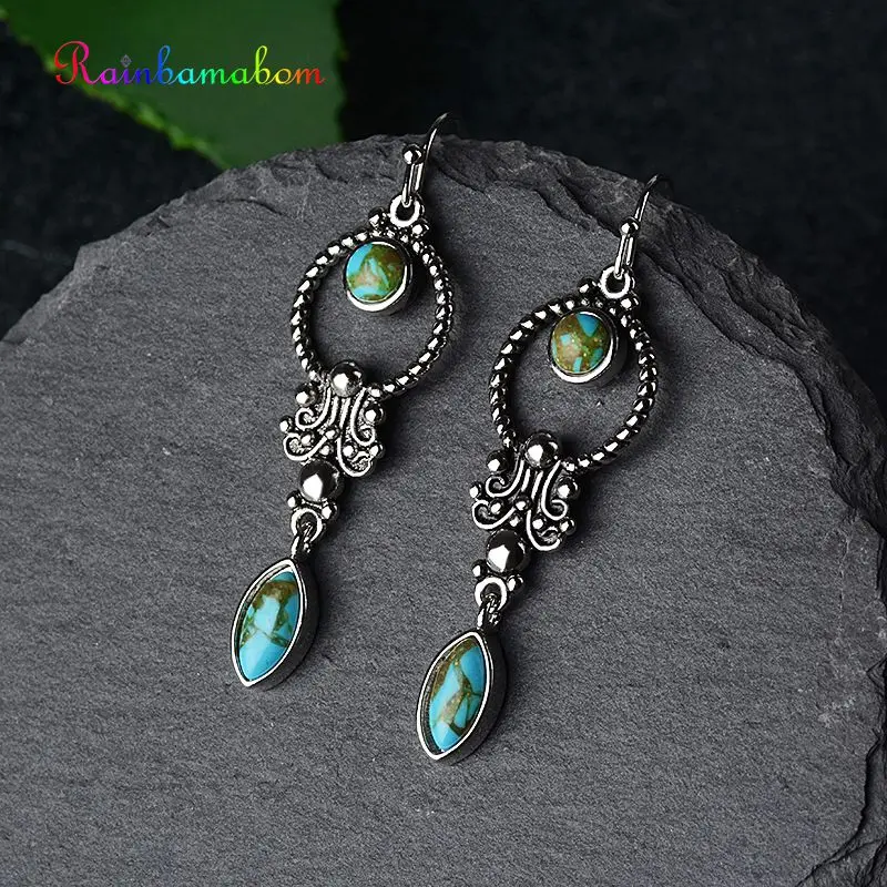 

Rainbamabom 925 Solid Sterling Silver Turquoise Gemstone Drop Dangle Hook Earrings Women Fine Jewelry Wholesale Drop Shipping