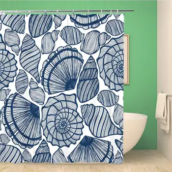 

Bathroom Shower Curtain Navy Doodle Seashells Blue Animal Aquatic Drawing Line Maritime Polyester Fabric 72x78 inches Waterproof