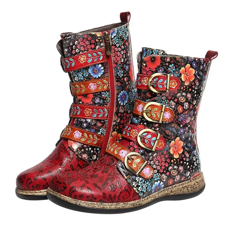 Women Boot Retro Printed Metal Buckle Leather Boots Women Zipper Mid Calf Boots Fashion Ladies Shoes Female Botines Mujer