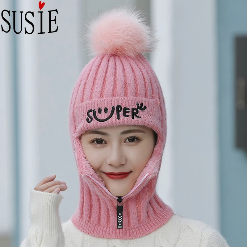 Women Knitted Cap Fleece Inside Windproof Zipper Mask Neck Strap Outdoor Sports Pom Hat Warm Thick Ski Riding Winter Caps | Аксессуары