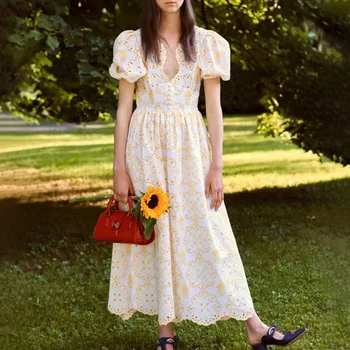 

2020 Spring Summer Holiday Style Bubble Sleeve Embroidery Hollow Out Irregular Ankle-length Women's Dress Female AU