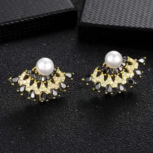 Новинка,, модные серьги-гвоздики с жемчугом, цирконием, геометрическими фигурами, металлическими медными фианитами для женщин, ювелирное изделие, кристаллы, стразы, массивные серьги