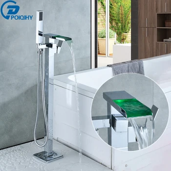 

POIQIHY Bathtub Faucet LED Light Chrome Floor Stand Faucets Waterfall Spout Cold Hot Bathtub Mixer Tap Faucet With Hand Shower