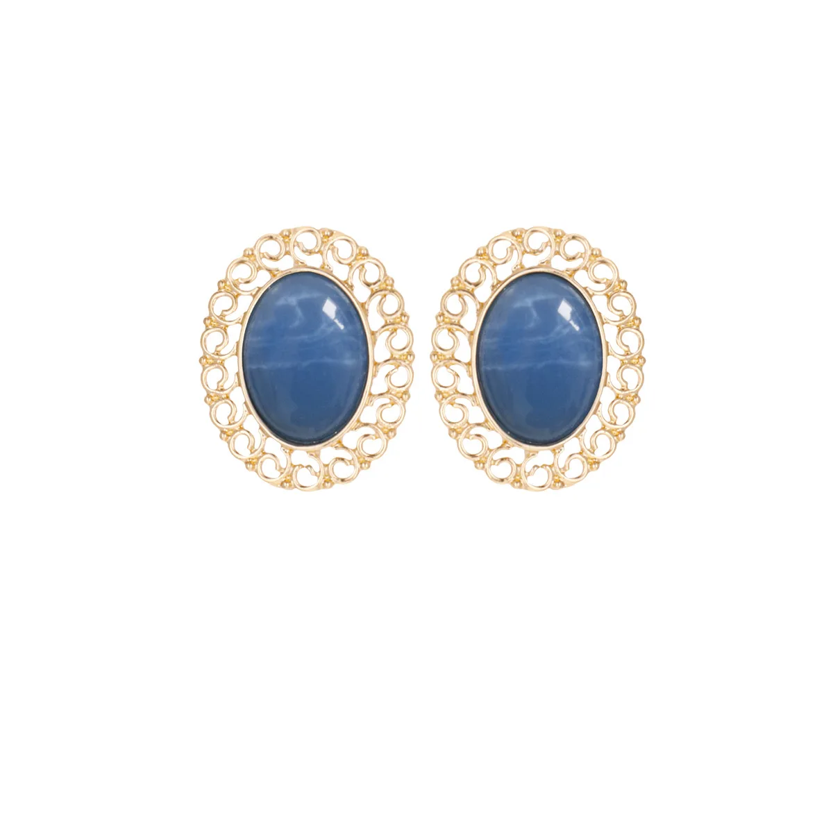 French Retro Palace Court Baroque Clip Earrings Metal Hollow Out Resin Blue Stone Clip Earrings No Hole Ear Clip for Female Lady