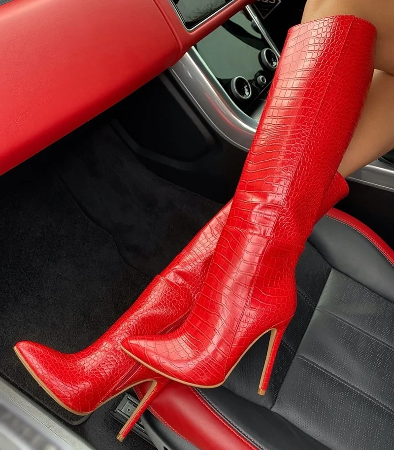 

Newest Red Python Print Faux Leather Long Boots Pointed Toe Zipper Stiletto Heels Snakeskin Knee High Boots Size 42 Drop Ship