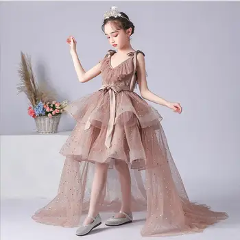 

Elegant Flower Girl Dress Ruffles Sequin Tulle Long Trailing Lace Kids Gowns For Weddings First Communion Formal Pageant Clothes