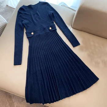 

Vintage wool Dress long Sleeve autumn V-neck Fashion Dress for Lady 2019 New Women Dress