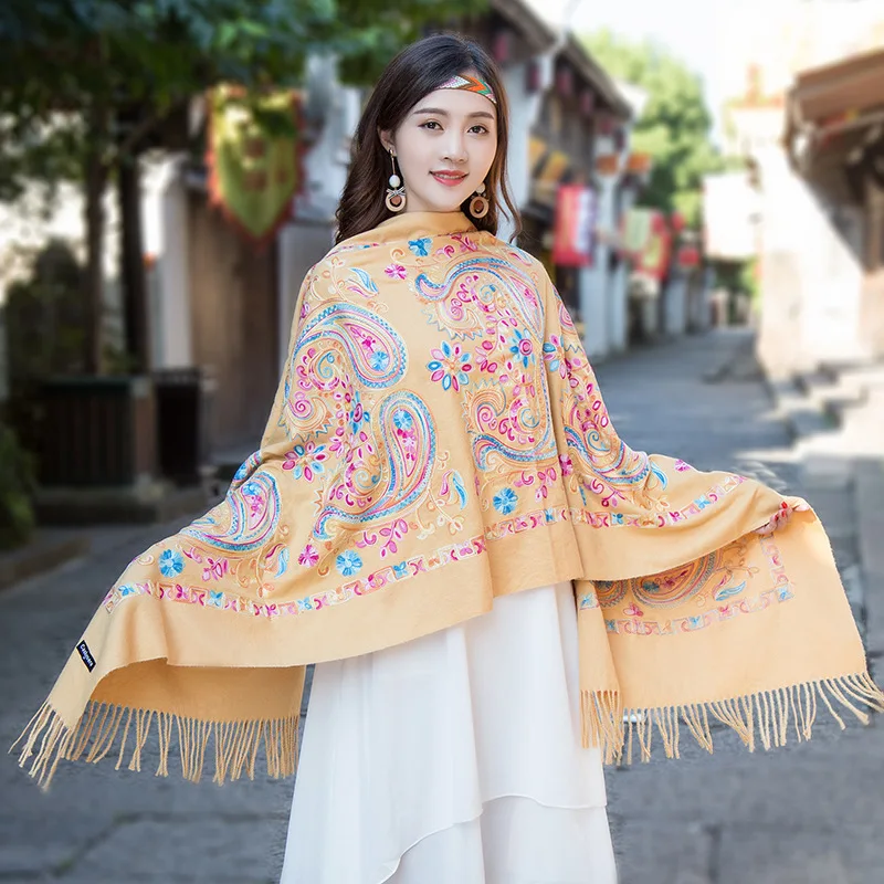  HanXi Ethnic Women Scarf Faux Cashmere Tassel Blankets Shawl Retro Embroidery Handkerchief Winter P
