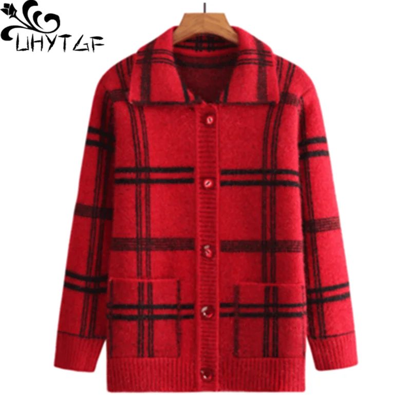 

Осенний свитер UHYTGF, женский модный клетчатый женский кардиган, вязаный свитер, куртка, Элегантные Свободные Теплые Топы большого размера, пальто 1228