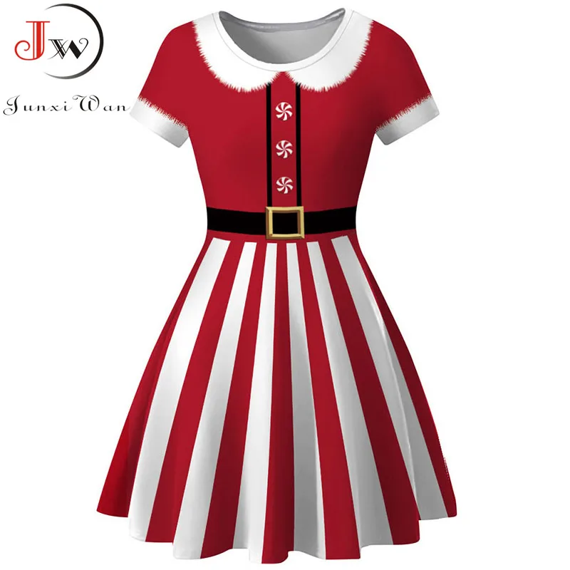 

Women Winter Christmas Short Sleeve O Neck Striped Print Vintage Xmas Party Dresses Casual Elegant Big Swing Mini Vestidos