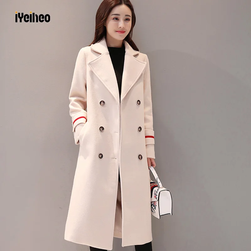 

New Woolen Coat Women Autumn and Winter 2019 Fashion Turn-down Collar Double Breasted Long Slim Wool Blends Coat