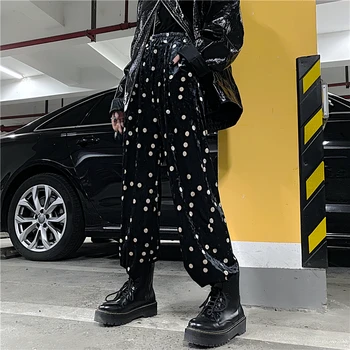 

High waist wide leg pants female Korean Harajuku BF style retro casual wave dot straight pants