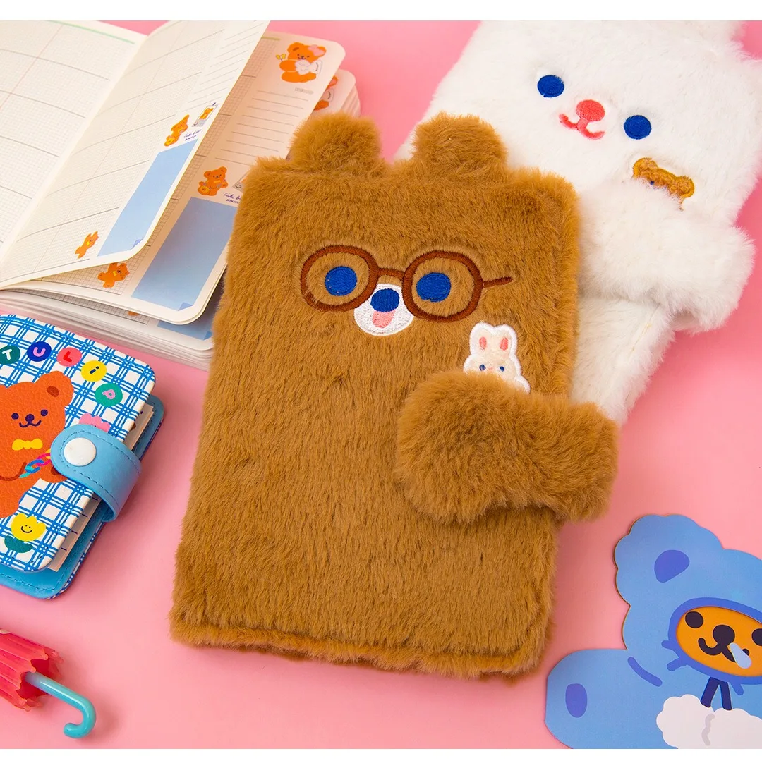 90PCS Bear Diary Book Student Rabbit NoteBook Travel Planner Notepad Plush Cover Girls Journal Korea Card Holder Girl Handbook