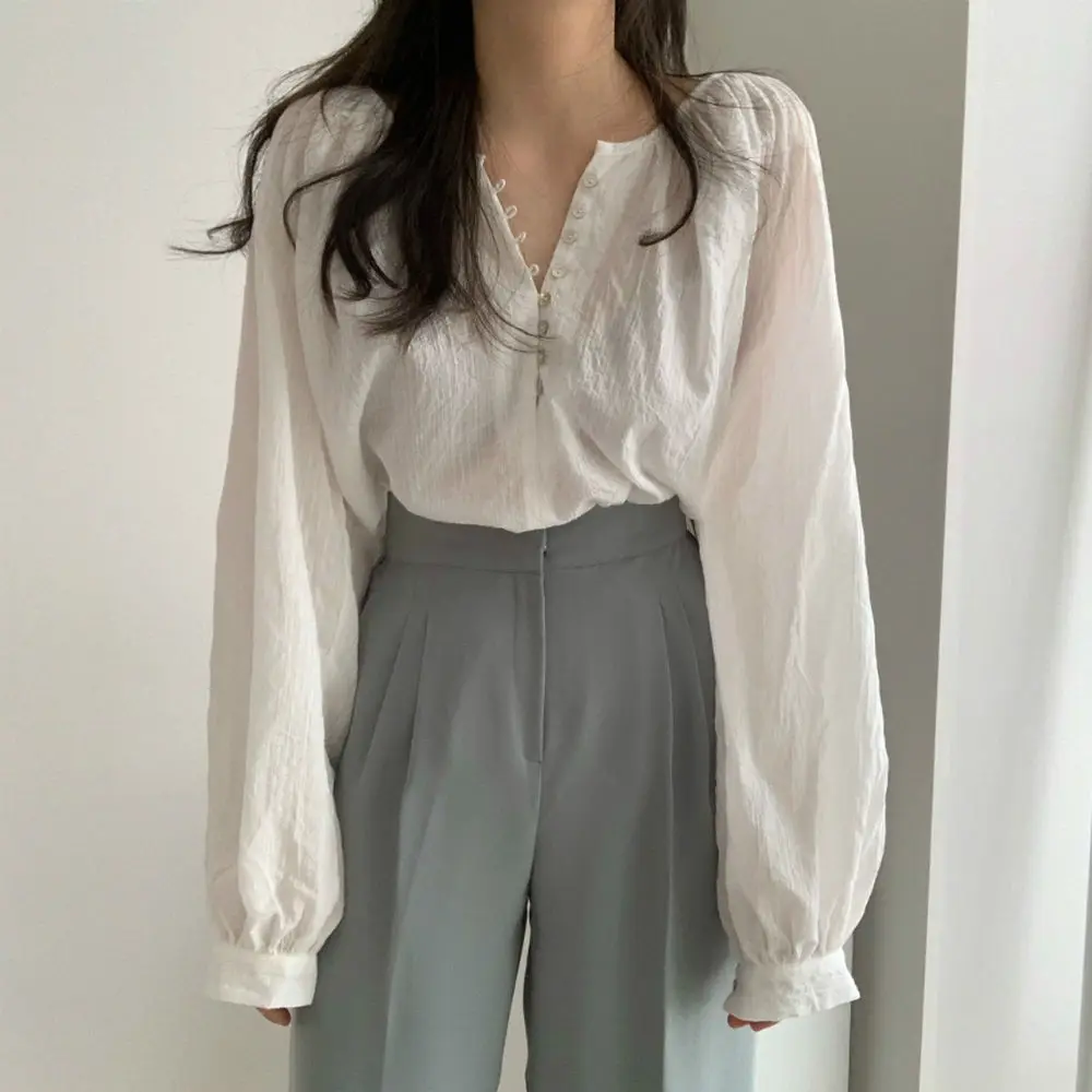 2020 Spring Autumn White Loose Blouses Women Solid Long Sleeve Chiffon Shirts Casual Laides Tops Korean Style Womens Clothing | Женская