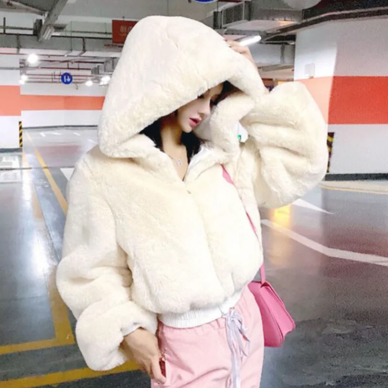 Winter Faux Rabbit Fur Bomber Jacket Teddy Jacket Zipper Streetwear High Waist Furry Hooded Plush Jacket Cardigan Wool Parka