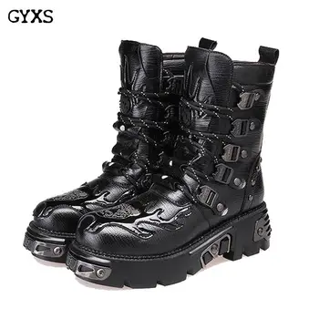 

Gothic Men's Black Genuine leather Martin Boots Round Toe Punk Rock Motorcycle Army Military handsome Combat Boots Goth Shoes