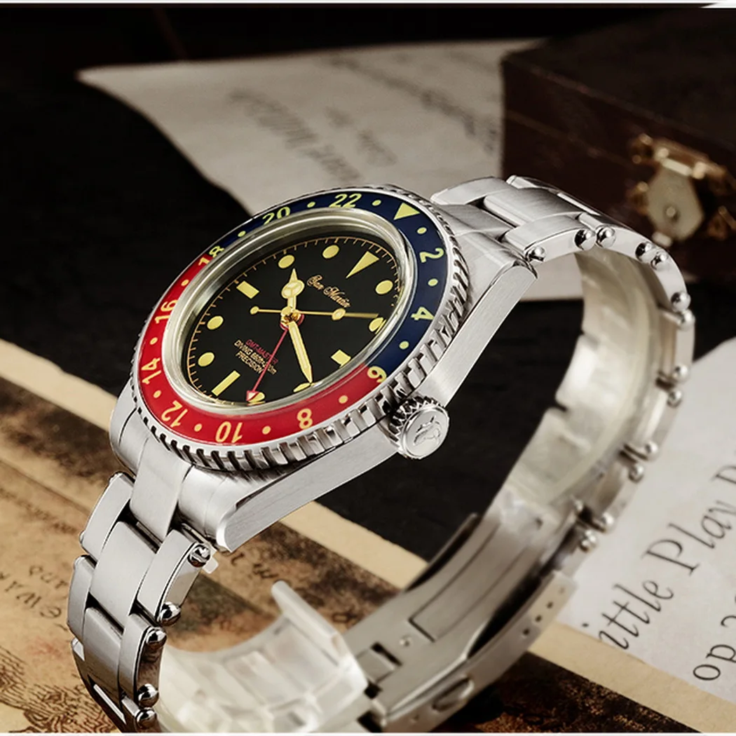 San martin Men gmt-メンズウォッチ,自動巻き,ゴースト腕時計,200m防水 