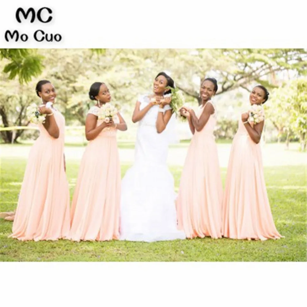 Cap Sleeves Long Bridesmaid Dresses Lace Peach Wedding Party Dresses  (2)