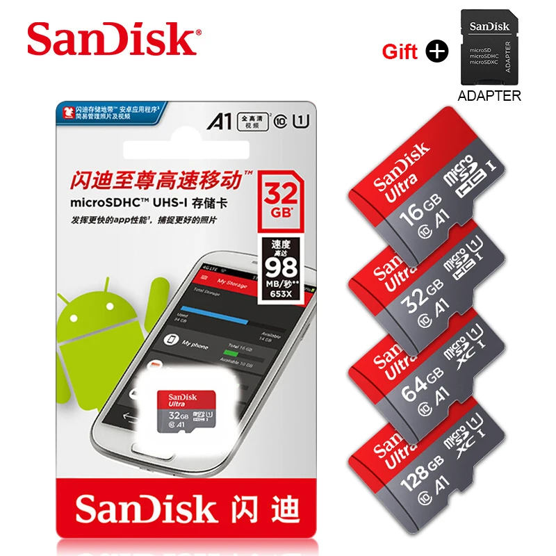 Двойной флеш-накопитель SanDisk 95 м/с картой Micro sd объемом 16 ГБ, 32 ГБ, U1 SDHC 64 Гб 128 ГБ 256 U3 SD/TF карта памяти SDXC карты памяти класса 10 для 1080p 4K смотри