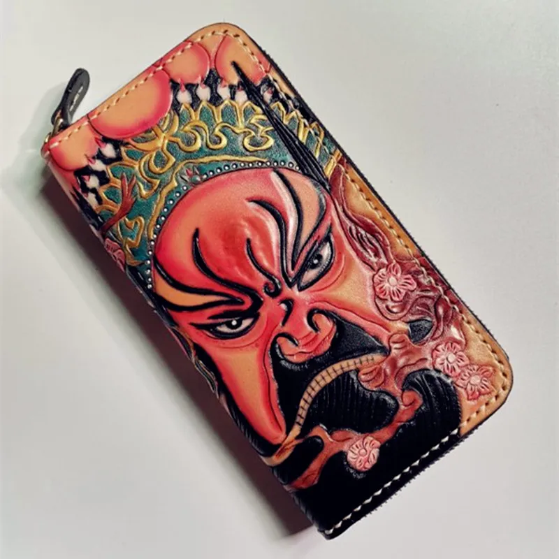 

Handmade Carving Drama Mask Billetera Hombre Women Wallet Purses Long Wallets Clutch Genuine Leather Men Purse portafoglio uomo