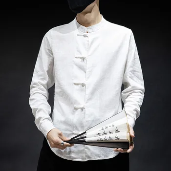 

New Men Long Sleeves Blouse Summer Fashion Casual Men Shirt Baggy Cotton Linen Solid Long Sleeves Retro Top Blouse streetwear