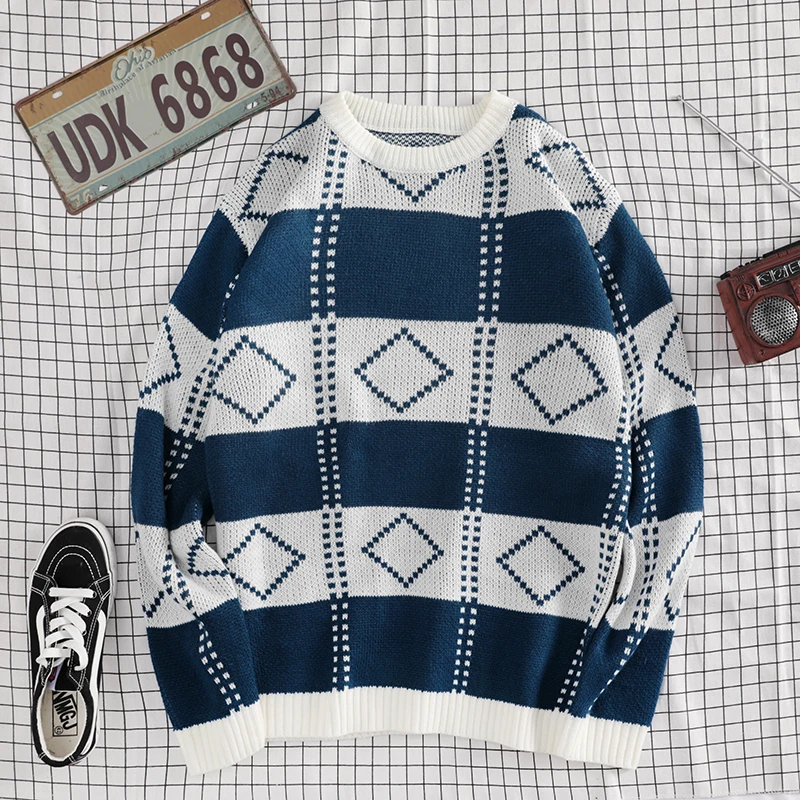 Winter Sweater Men's Warm Fashion Contrast Color Casual Knit Sweaters Man Sweter Clothes Wild Loose Long-sleeved Pullover Men