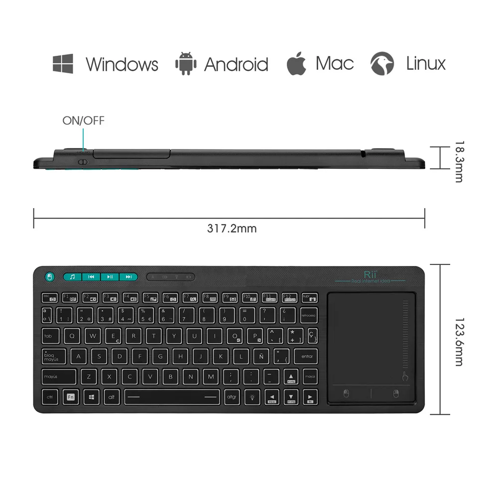  Spanish Keyboard Rii K18 Plus Wireless 3-LED Color Backlit Multimedia with Multi-Touch Big Size Tra