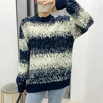 

2020 early autumn new fashion women round neck long sleeve loose and thin striped knitted sweater