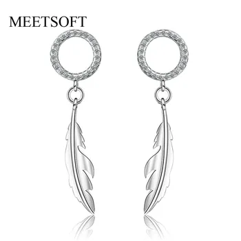 

MEETSOFT 925 Sterling Silver Prevent Allergy Drop Earrings for Women Trendy Design Small Circle Feather Jewelry Gift
