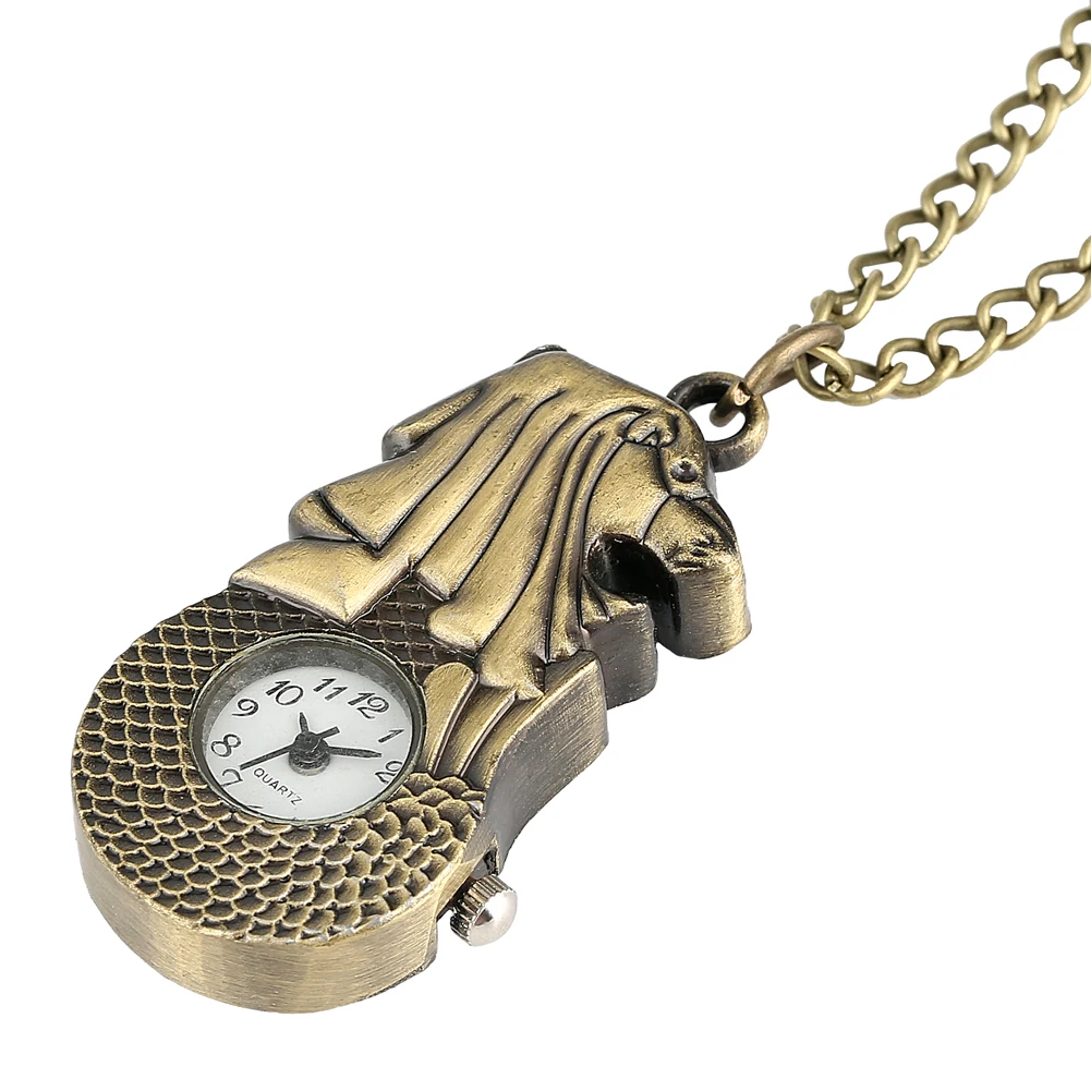 Креативные бронзовые кварцевые карманные часы с изображением Льва, лаконичный белый циферблат с арабскими цифрами, тонкие Подвесные часы с цепочкой для женщин и мужчин
