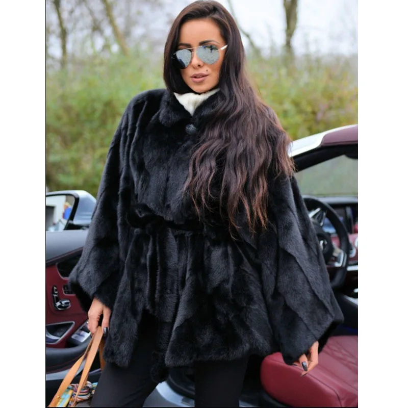 MKW-069 black Модная серая норковая шуба с поясом из натурального меха, модель года, Женская куртка с рукавами «летучая мышь», шуба из натурального меха норки с меховым капюшоном - Цвет: MKW-069 black