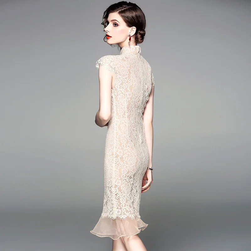 Модные кружевные китайские Cheongsam цвета шампанского винтажные женские вечерние платья