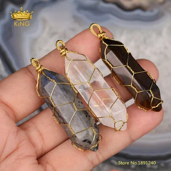 

5pcs Wire Wrapped Double Stick Quartz Points Pendants,Wraps Gold Copper Hexagon Stone Healing Crystal Necklace Findings