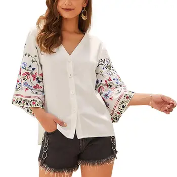 

Cotton Linen Blouses V Neck Women Shirt Boho Style Floral Embroidery Button Three-Quarter Flare Sleeve Tops Female Summer Autumn