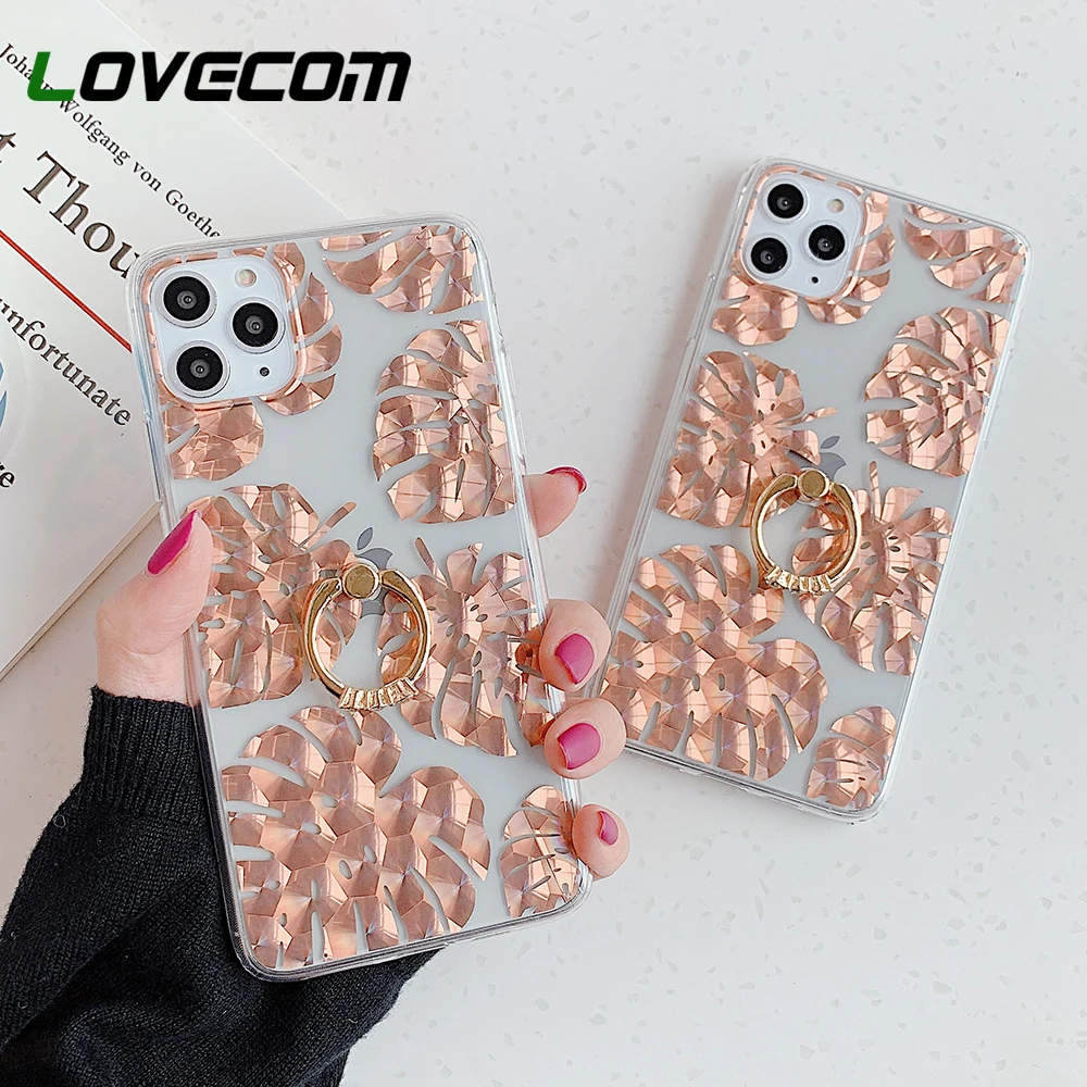 Retro Gold Banana Leaf Ring Stand Phone Case For iPhone 11 Pro Max XR X XS 7 8 Plus Soft IMD Transparent Cover | Мобильные телефоны