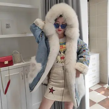 

Embroidered Denim Hooded Jacket with Fur 2020 Women's Winter New Fur One-piece Fox Fur Fur Parka