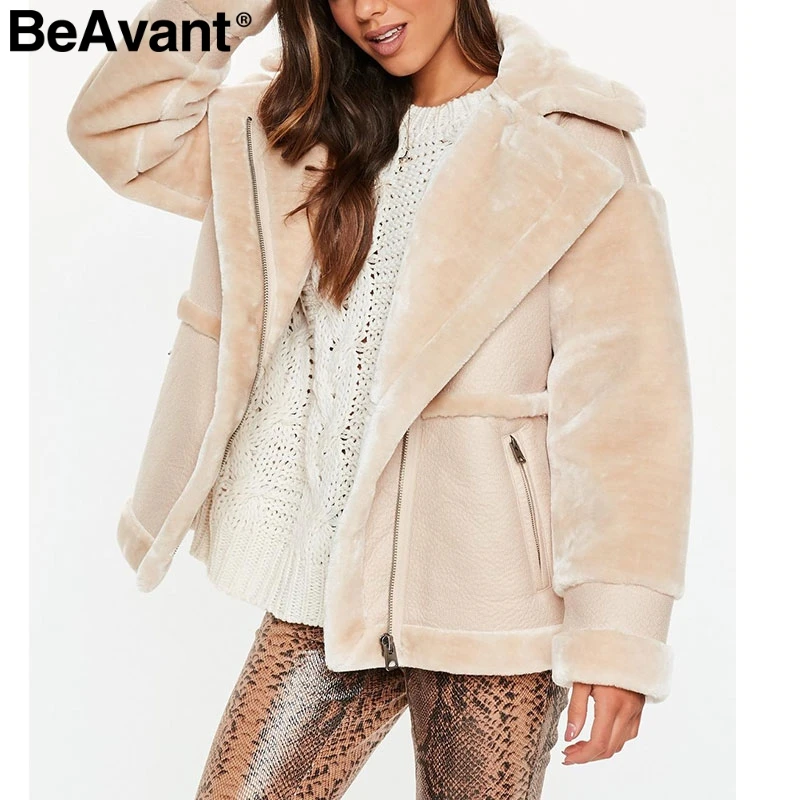 BeAvant, зимнее, плюшевое, из искусственного меха, кожаное пальто, для женщин, из кусков, искусственная молния, для девушек, теплое, короткое пальто, с карманами, верхняя одежда, женская, мягкая куртка
