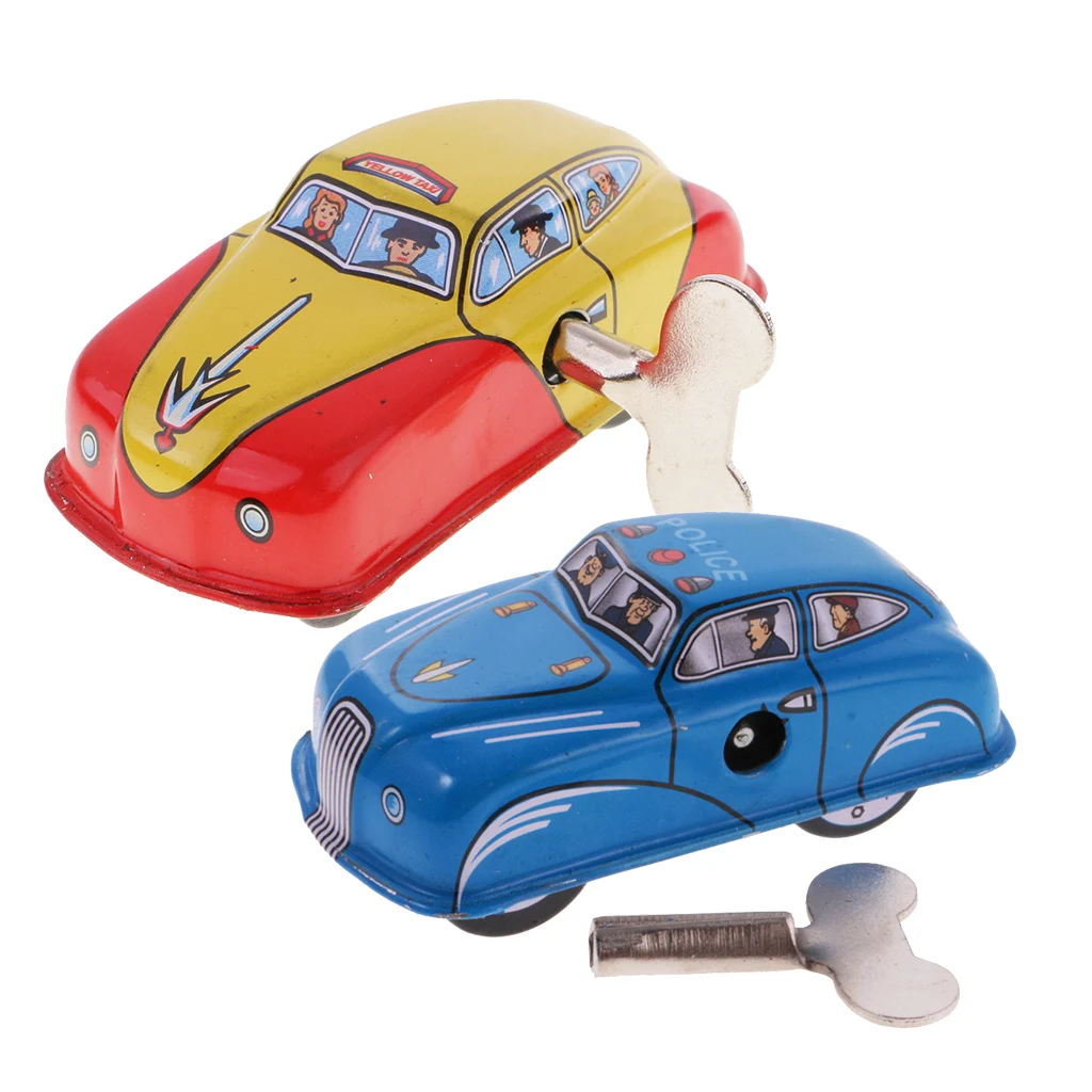 2 Pieces: Vintage Metalwork Taxi Car & Police Car Model Wind-up Running Clockwork Tin Toy Collectibles