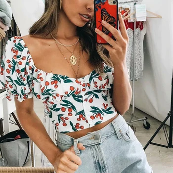 

Female Floral Print Crop Top Women Summer Sexy Low-Cup Charming Puff Sleeve Slim Camisole Top haut femme 2019 New