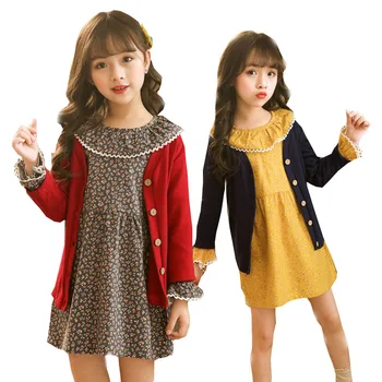 

2 pcs/set 2020 brand girls dress clothing sets autumn floral dress and cardigan for teens