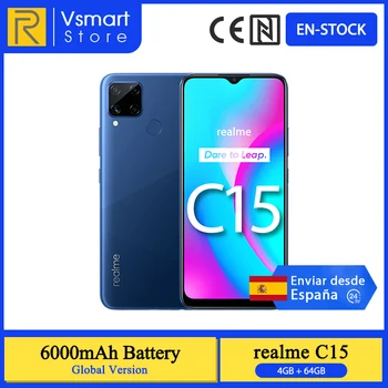 Перейти на Алиэкспресс и купить В наличии глобальная версия Realme C15 смартфон 4 Гб 64 Гб 6,5 ''мини-капля Экран 13MP AI Quad Камера Helio G35 6000 мА/ч, Батарея 18 Вт