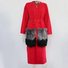 Осенне-зимнее элегантное женское пальто с v-образным вырезом, Свободный вязаный кардиган с большим карманом, однотонное лоскутное пальто с перьями, женская верхняя одежда