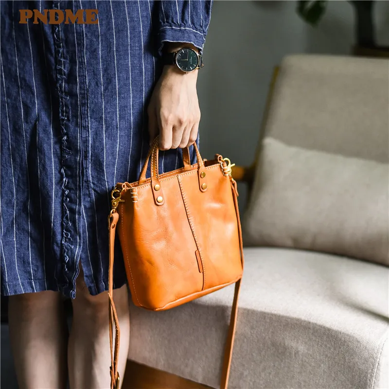 

PNDME fashion vintage genuine leather ladies small handbag casual simple natural real cowhide women's shoulder messenger bag