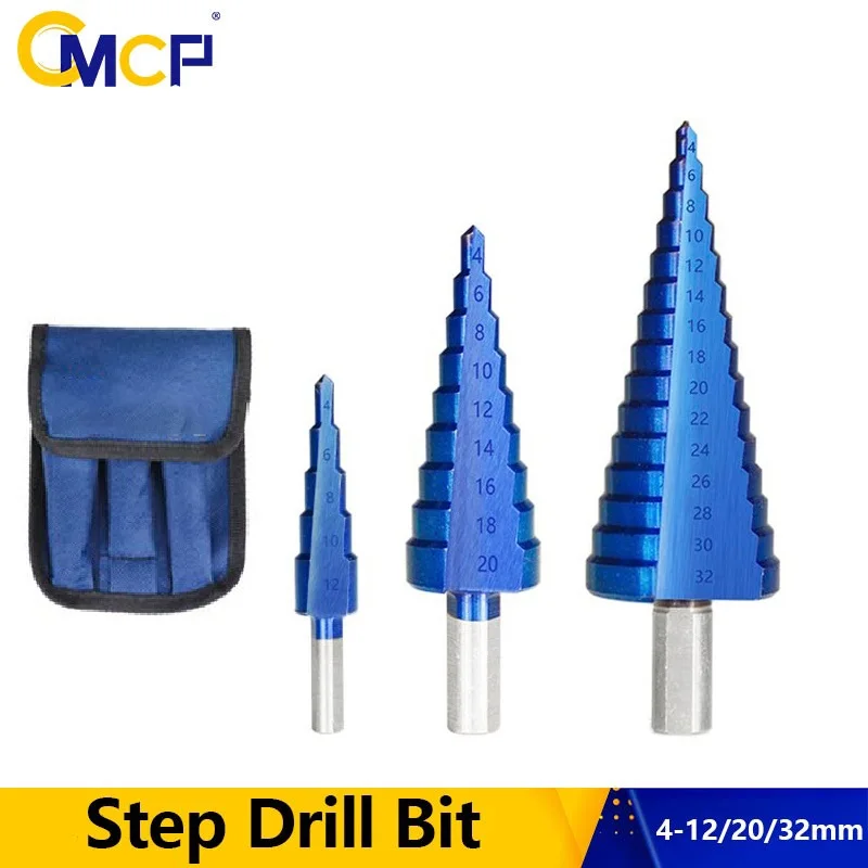 CMCP Step Cone Drill Nano Blue Coated Step Drill Bit 4-12 4-20 4-32mm Round Shank Wood Metal Hole Cutter HSS Core Drilling Tool 4 42mm 4 32mm hss for titanium coated step drill bit drilling power tool for metal wood