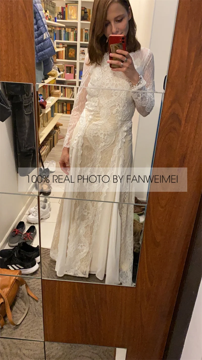 wedding gown Factory Price 100 % Real Sample Photo Long Sleeve Backless O-Neck Lace Boho Bohemian  Beach Wedding Dress Bridal Gown wedding gown